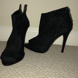 Black laced, open toe heels